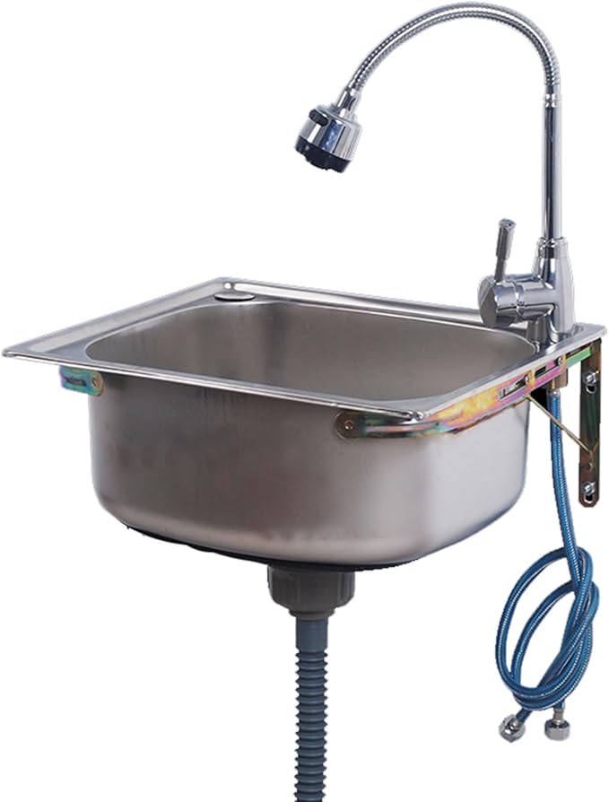Commercial Sink Hand Washing Basin, Wall-Mounted Kitchen Stainless Steel Sink, Single Bowl Stainless Steel Sink, with Drainer Unit And Tap, for Bar Cafe Restaurant K,37x31cm-Hot and cold water