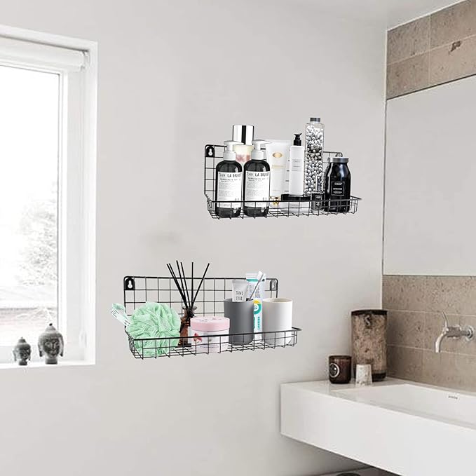 2 Pcs Hanging Wall Wire Baskets,Shower Caddy Shelf Organizer Rack,Wall Mounted Shelf for Kitchen Bathroom,Bathroom Organizers and Storage Baskets,Metal Wire Storage Bin Rack Organizer