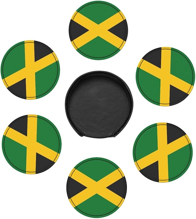 Jamaica Flag Leather Drinks Coasters with Holder, Set of 6, Suitable for Various Cups
