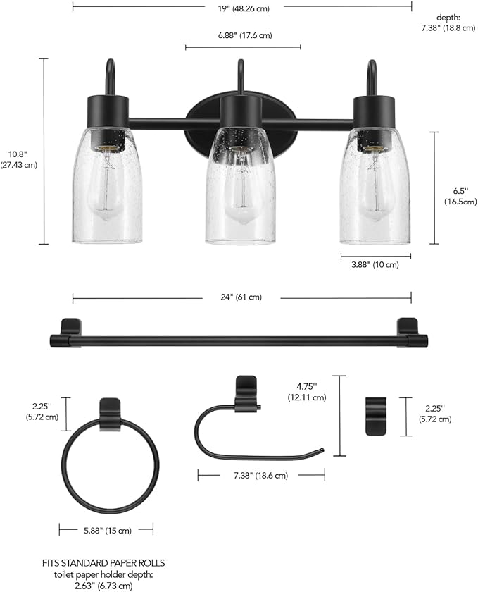 Globe Electric 63000205 5-Piece All-in-One Bathroom Accessory Set with 19" 3-Light Vanity Light, Matte Black, Seeded Glass Shades, Towel Bar, Robe Hook, Toilet Paper Holder, Towel Ring, Powder Room