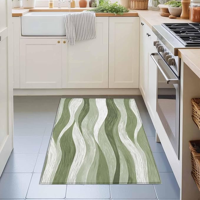 Area Rug 2x3ft, Modern Sage Green Gradient Stripe Washable Rugs for Living Room Bedroom, Abstract Ocean Wave Soft Non-Slip Area Rugs Rectangle Floor Carpet for Dining Room