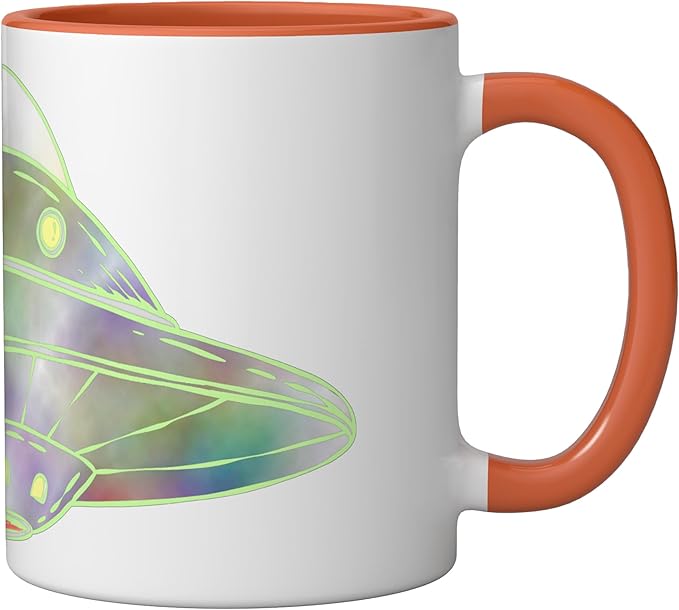 UFO UAP Flying Saucer Alien Spaceship Ceramic Mug, Orange/White