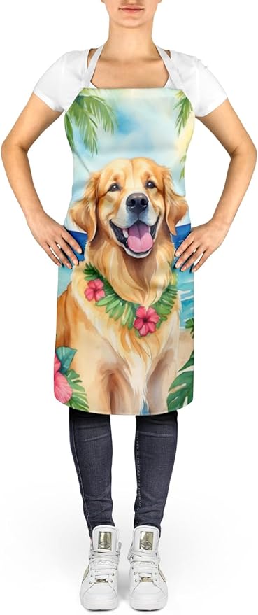 Caroline's Treasures Golden Retriever Luau Apron Cooking Kitchen Server Baking Crafts Gardening for Adult Women Men, Unisex, Large, Multicolor