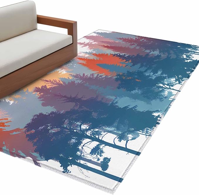 Area Rug 4x6ft, Abstract Trees Forest Silhouette Washable Rugs for Living Room Bedroom, Natural Scene Plants Soft Non-Slip Area Rugs Rectangle Floor Carpet for Dining Room