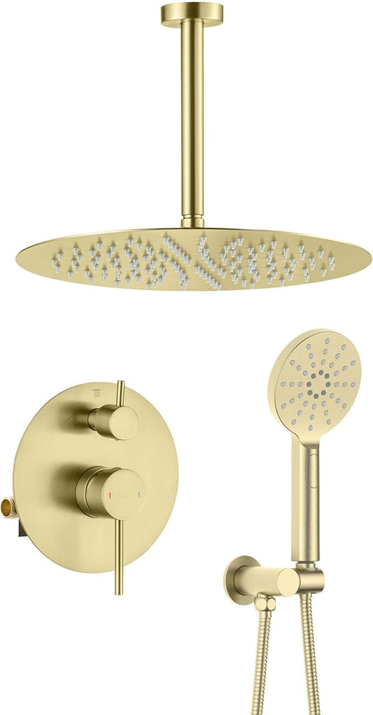 KIBI Circular Ceiling Mounted Shower System with 2-Function Faucet Set | Solid Brass Pressure Balanced Valve | Anti-Scald Design for Reliable Water Temperature Control (Brushed Gold Finish, KSF408)