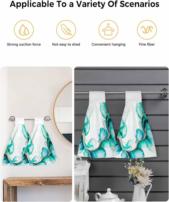 Alandar Home Kitchen Tie Towel Set of 2, Fantasy Ink Abstract Art Absorbent Soft Hand Towels for Bathroom Hanging Towels, Gradient Watercolor Green Fast Drying Cleaning Cloth with Loop