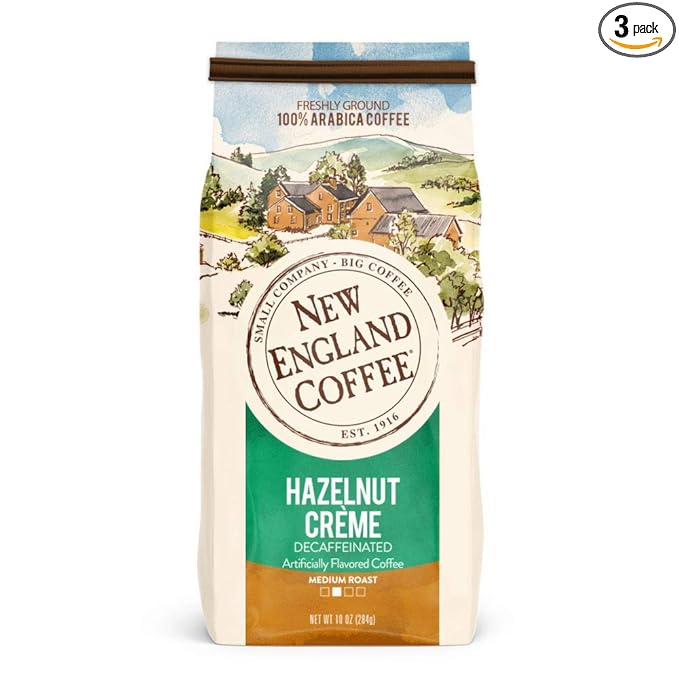 New England Coffee Hazelnut Creme Decaffeinated Medium Roast Ground Coffee, 10oz Bag (Pack of 3)