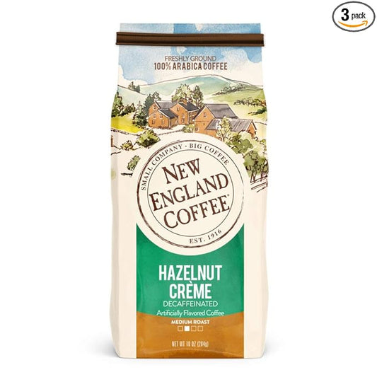 New England Coffee Hazelnut Creme Decaffeinated Medium Roast Ground Coffee, 10oz Bag (Pack of 3)