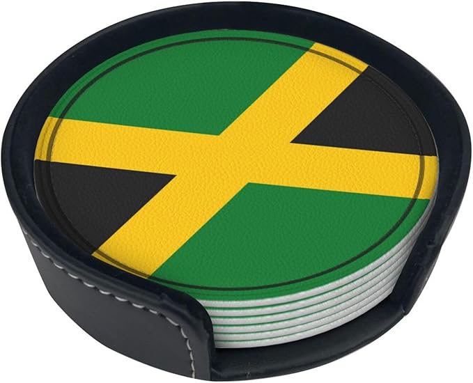 Jamaica Flag Leather Drinks Coasters with Holder, Set of 6, Suitable for Various Cups