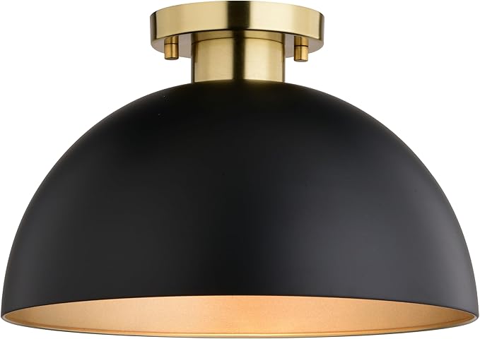 VAXCEL Devon 12.75 inch Matte Black and Satin Brass Semi Flush Ceiling Light, Mid-Century Modern Design, Large Open Dome, Dimmable, E26 LED Compatible, Mounting Hardware Included