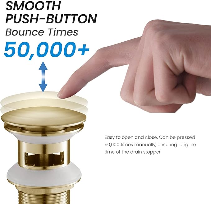 KIBI Bathroom Sink Pop-Up Drain with Overflow (Full Cover) | Lavatory Vanity Drain Stopper | Durable Leak-Proof Sink Drain for Bathroom, Kitchen, and Lavatories | Brushed Gold, KPW102