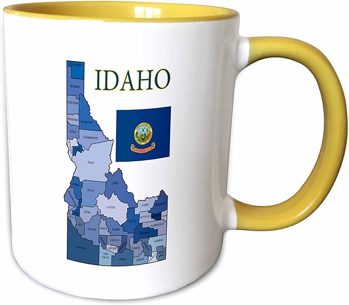 3dRose Colorful county map of Idaho with flag and all counties labeled 15oz Two-Tone Yellow Mug