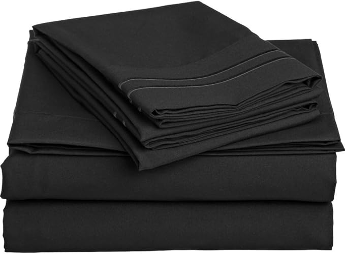 Lamma Loe Silky Soft Luxurious Supreme Microfiber 4-Piece Sheet Set with Embroidered Pillow Cases, Full, Black