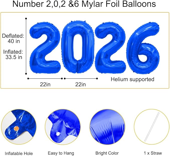 2026 Balloons Royal Blue 2026 Number Balloons New Year Decorations 2026 Numbers 40 Inch Large 2026 Mylar Foil Balloons for 2026 New Years Eve Party Supplies Graduation Christmas Birthday Anniversary
