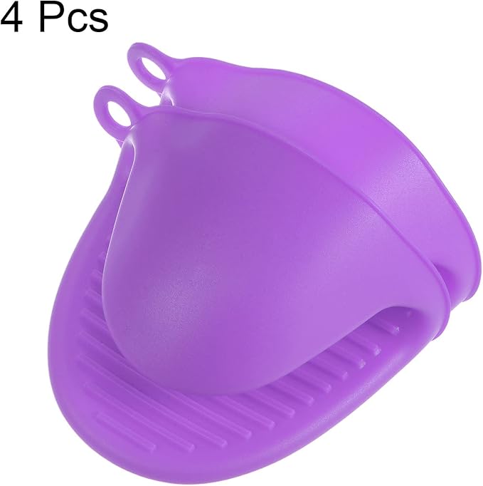 HARFINGTON 4pcs Thickened Mini Oven Gloves, Heat Resistant Silicone Oven Mitts Finger Pinch Grips Pot Holder for Kitchen, Cooking, Baking, BBQ Heat Resistant Gloves, Purple