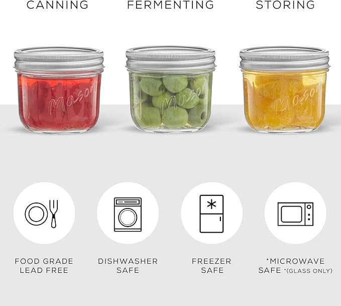 JoyJolt 8 Oz Mason Jars With Lids, Labels and Measures! 6-Pack Wide Mouth Mason Jars, Glass Jar with Lid and Band. Airtight Canning Jars, Overnight Oats Jars, Salad Jars, Sourdough Starter Jar