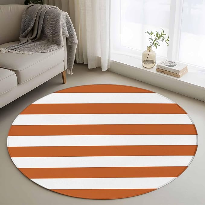 Washable Round Area Rug Farmhouse Classic Stripes Circle Rugs Floor Carpet for Living Room Bedroom, Orange White Soft Non Slip Round Rug 4ft