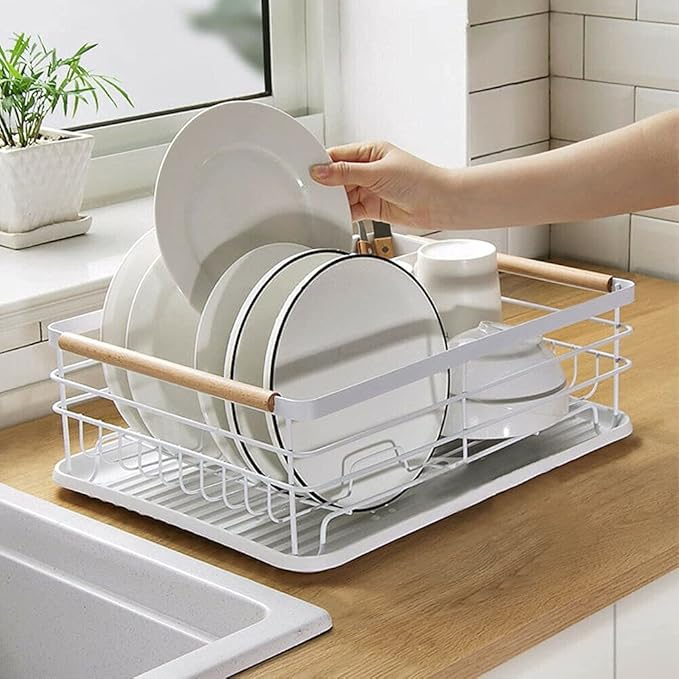 Modern Metal Wire Dish Drainer Kitchen Bowl Plate Holder Rack with Wooden Handle