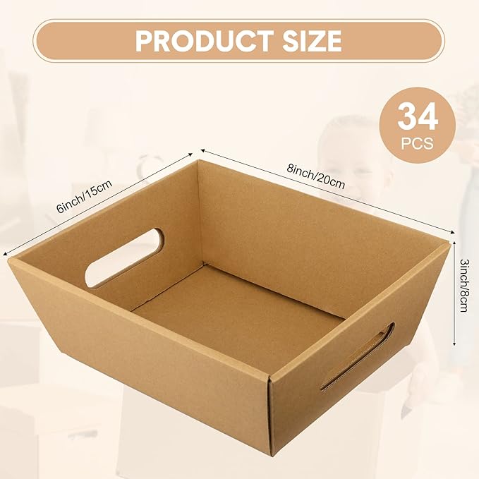 Fainne 34 Pcs Basket for Gift Empty Bulk, 8 x 6 Inch Basket Sturdy Cardboard Trays with Handles, Small Market Tray for Christmas, Wedding, Thanksgiving, Holiday, Birthday Party Decoration