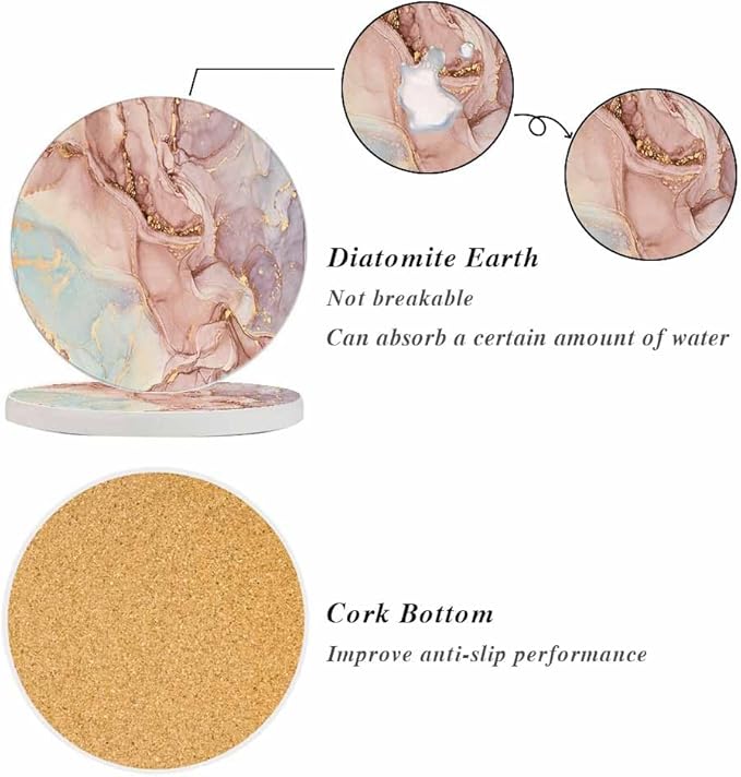 Marble Coasters - Abstract Pink Golden Waves Pattern - Absorbent Drink Coasters Set of 2 for Coffee Table, Cup, Bar