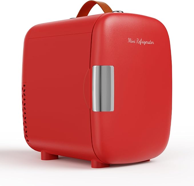 NEWBULIG Mini Fridge for Bedroom, Office & Car, Portable 4L/4.23QT Mini Refrigerator for Skincare with Handle, Ultra-Quiet Energy-Saving Compact Cooler for Drinks, Food, Skincare & Makeup, 12V AC/DC