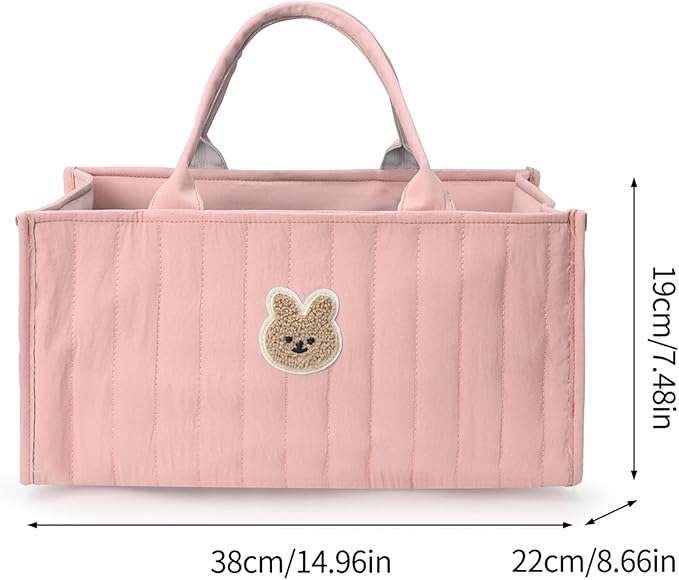Quilted Fabric Storage Basket Floral Baby Diaper Caddy Quilted Basket for Nursery Bedroom Car Storage (L- Pink Bear)