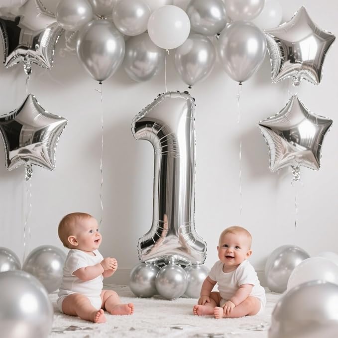 Balloons Number One for First Birthday, Balloon Numbers 40 Inch, Silver for Baby Shower, Big Baloon for 1 11 12 13 16 18 21 Birthday Wedding Anniversaries Party