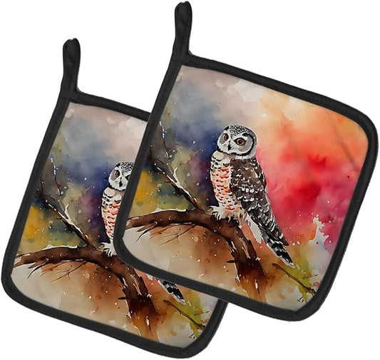 Caroline's Treasures Northern Hawk Owl Pair of Pot Holders Kitchen Heat Resistant Pot Holders Sets Oven Hot Pads for Cooking Baking BBQ, 7 1/2 x 7 1/2