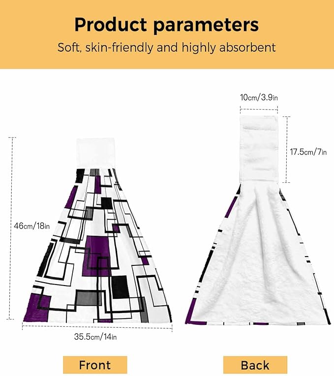 Alandar Home Kitchen Tie Towel Set of 2, Abstract Geometric Lines Art Absorbent Soft Hand Towels for Bathroom Hanging Towels, Purple Black Color Block Fast Drying Cleaning Cloth with Loop
