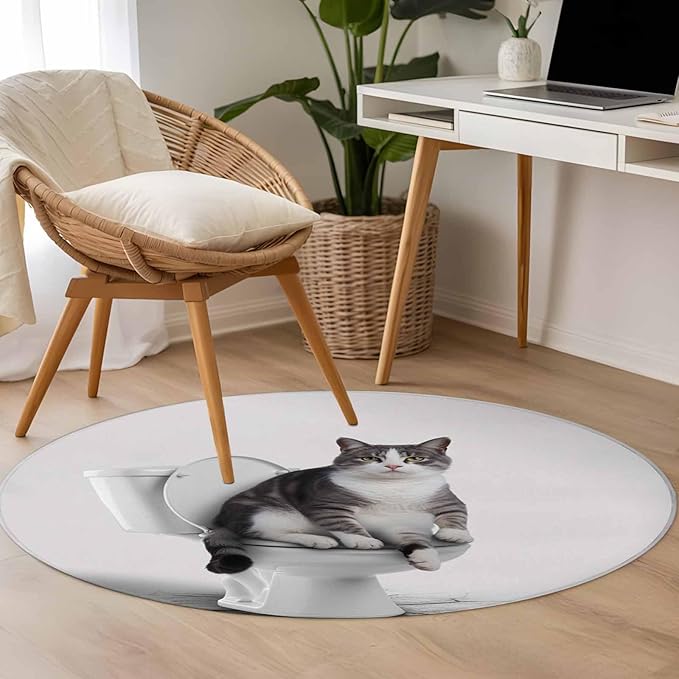 Washable Round Area Rug Cute Funny Cat on The Toilet Circle Rugs Floor Carpet for Living Room Bedroom, Animal Grey Art Soft Non Slip Round Rug 3ft