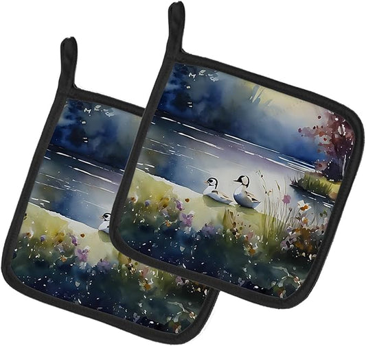 Caroline's Treasures Bufflehead Pair of Pot Holders Kitchen Heat Resistant Pot Holders Sets Oven Hot Pads for Cooking Baking BBQ, 7 1/2 x 7 1/2