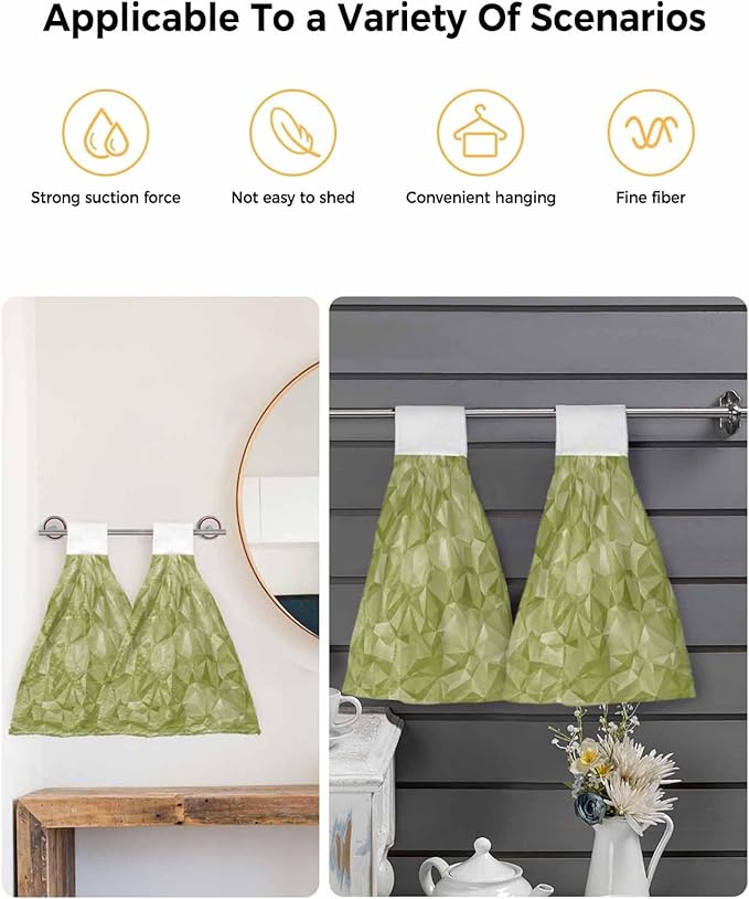 Alandar Home Kitchen Tie Towel Set of 1, Sage Green Geometric Art Absorbent Soft Hand Towels for Bathroom Hanging Towels, Abstract Modern Patterns Fast Drying Cleaning Cloth with Loop