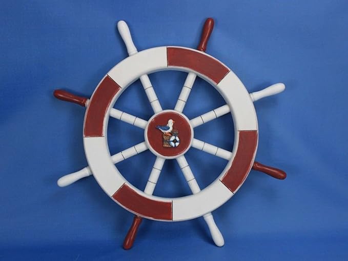 Hampton Nautical Red & White Decorative Ship Wheel with Seagull & Lifering 18"