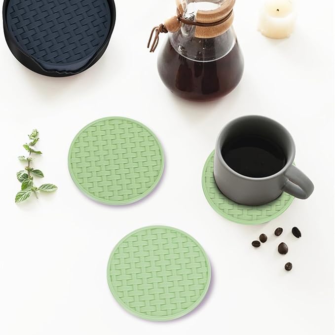 Green Silicone Drink Coasters Set of 6 with Holder, 4 Inch Round Non-Slip Heat-Resistant & Waterproof Cup Mats, Decorative Coasters for Coffee Table, Home, Kitchen, Office, Bar & Desk