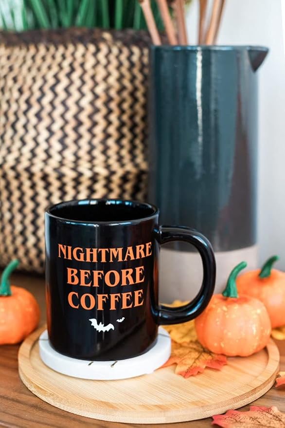 Pearhead Nightmare Before Coffee Ceramic Mug – Large 16oz Black Double-Sided Halloween Cup, Fun Fall Tea and Coffee Drinkware, Seasonal Kitchen Accessory and Novelty Gift Idea