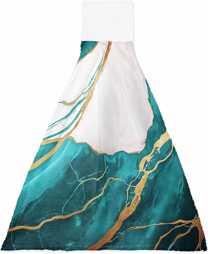 Alandar Home Kitchen Tie Towel Set of 1, White Marble Watercolor Gradient Absorbent Soft Hand Towels for Bathroom Hanging Towels, Gold Crack Abstract Art Fast Drying Cleaning Cloth with Loop