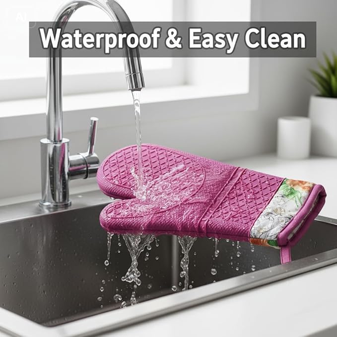 Pair of 2 Heat-Resistant Silicone Oven Mitts – Extra Long, Non-Slip Grip, Soft Cotton Lining, Perfect for Baking, Cooking & BBQ – 13” x 7” Kitchen Gloves (Pink Rose)
