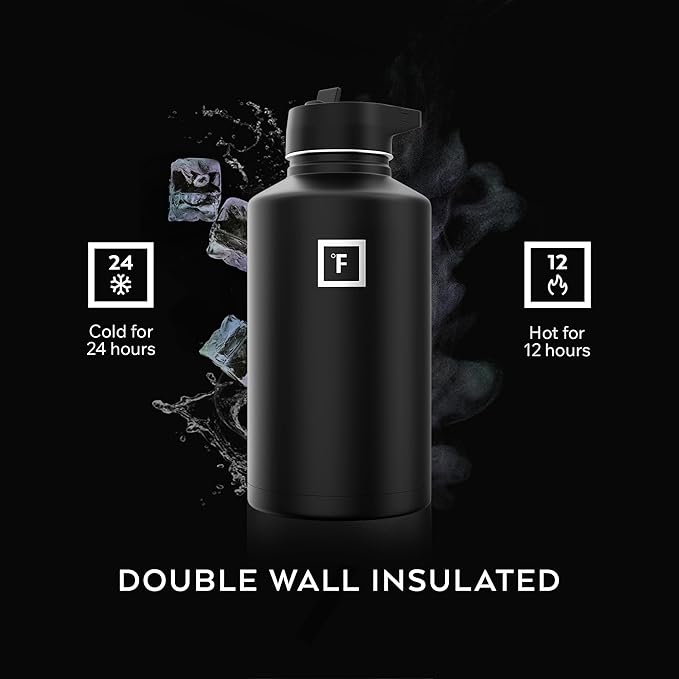 IRON °FLASK Camping & Hiking Hydration Flask with Straw, Wide Mouth Insulated Stainless Steel Sports Water Bottle - Morning Mist 64 oz - Straw (1 Lid)