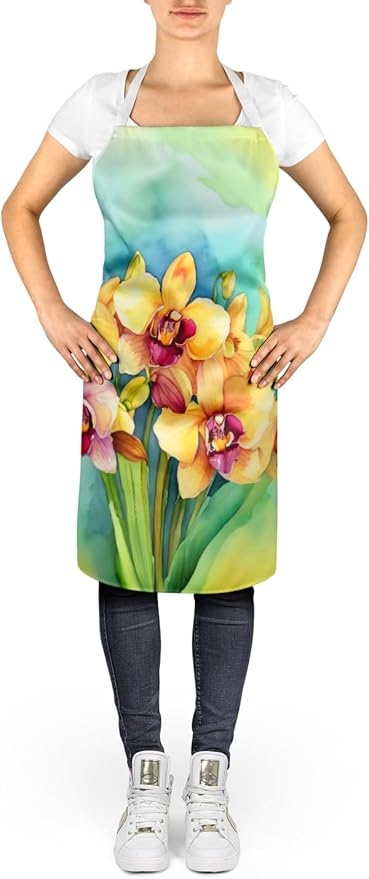 Caroline's Treasures Orchids in Watercolor Apron Cooking Kitchen Server Baking Crafts Gardening for Adult Women Men, Unisex, Large, Multicolor