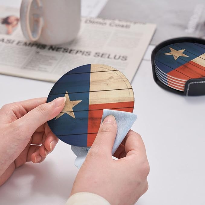 Wood Texas Flag Leather Drinks Coasters with Holder, Set of 6, Suitable for Various Cups