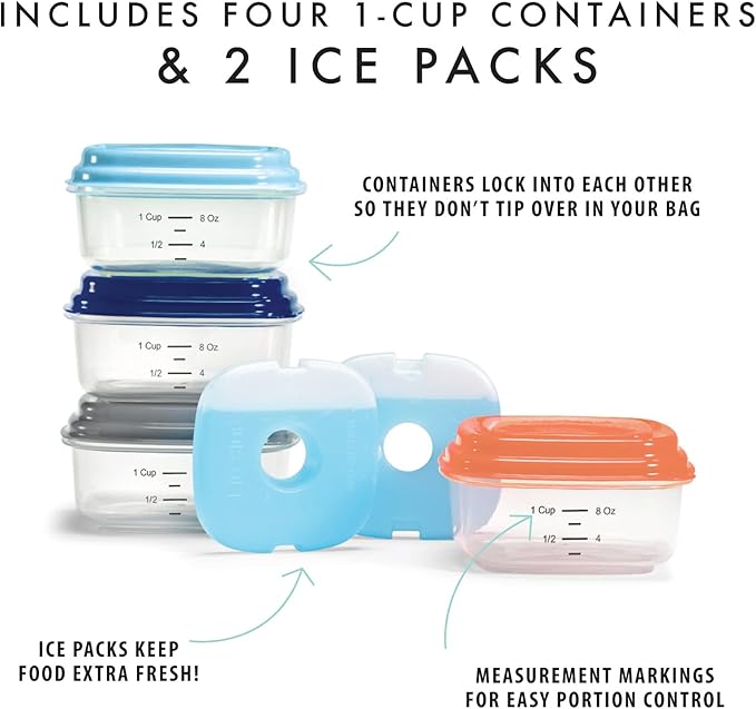 Fit & Fresh Small Plastic Containers With Lids 8 oz, Small Snack Containers With Lids For Adults and Kids, Reusable Leakproof Dressing and Condiment Containers With Two Attachable Ice Packs