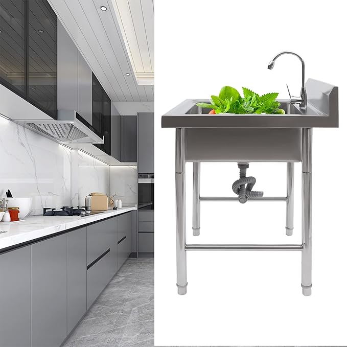 Garden Sink Single Trough, Stainless Steel Utility Prep Skin 1/2 Bowl W Drainboard Storage Shelve And Faucet, Kitchen Sink For Restaurant, Bar, Laundry, Garage, Backyard