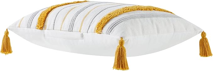 Indigo Ink - Decorative Pillow, Tufted Stripe Pillow with Tassels, Throw Pillows for Couch or Bed, Boho Home Decor, 14" x 20" (Tufted Medallion Collection, Grey/Yellow)