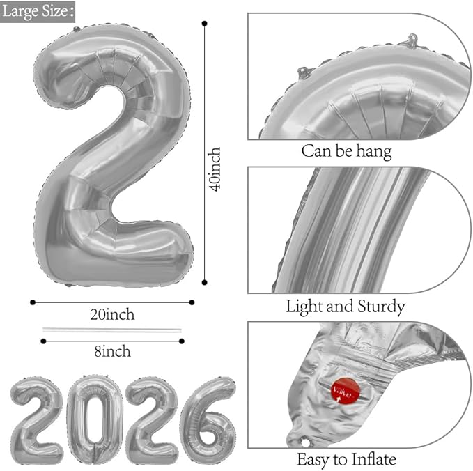 2026 Balloons, 40 Inch 2026 Number Balloons Silver 2026 Balloon Large Foil New Year Balloon Numbers 2026 Mylar Baloons for Birthday Christmas Graduation New Years Eve Party Supplies Decorations