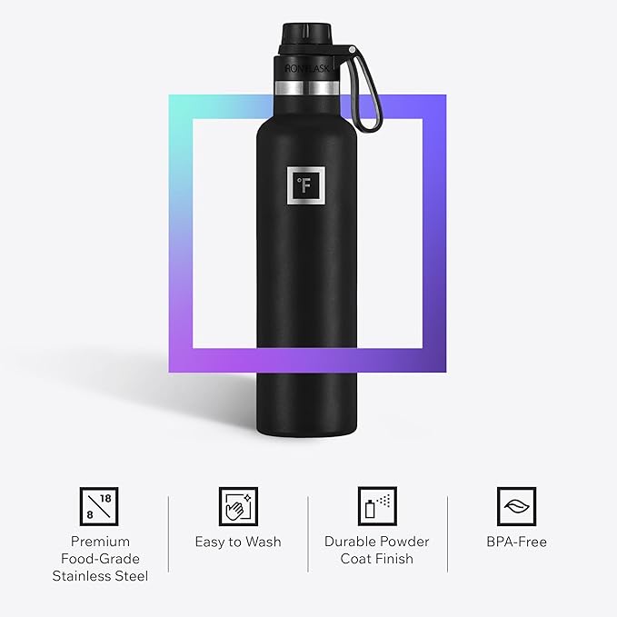 IRON °FLASK Camping & Hiking Hydration Flask with Spout, Narrow Mouth Insulated Stainless Steel Sports Water Bottle - Dark Rainbow 24 oz - Spout (1 Lid)