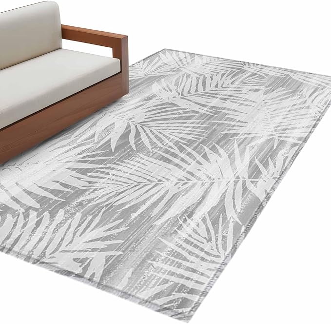 Area Rug 4x6ft, Modern Gray Palm Leaves Washable Rugs for Living Room Bedroom, Boho Tropical Leaves Soft Non-Slip Area Rugs Rectangle Floor Carpet for Dining Room