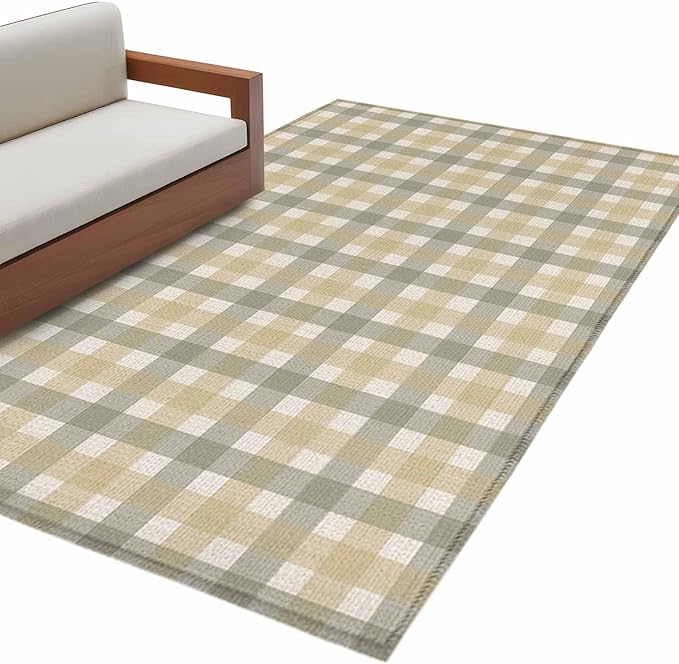 Area Rug 3x5ft, Farmhouse Vintage Beige Tan Buffalo Plaid Washable Rugs for Living Room Bedroom, Rustic Linen Soft Non-Slip Area Rugs Rectangle Floor Carpet for Dining Room