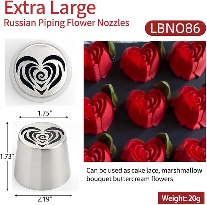 Extra Large Russian Piping Tip Set - 6 Stainless Steel Marshmallow Buttercream Framing Nozzles for 3D Roses Tulip Cake Decorations and Marshmallow Bouquets, Includes 1 Cleaning Brush(6I)