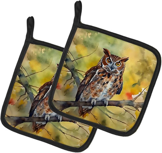 Caroline's Treasures Eastern Screech Owl Pair of Pot Holders Kitchen Heat Resistant Pot Holders Sets Oven Hot Pads for Cooking Baking BBQ, 7 1/2 x 7 1/2
