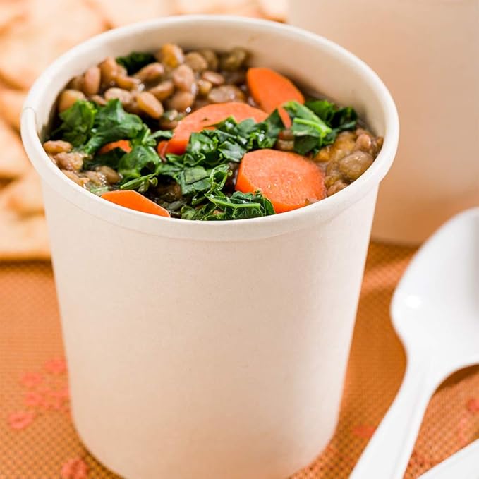 Restaurantware-Bio Tek 16 Ounce Disposable Soup Cups, 25 Microwavable Paper Soup Cups - Vented Lids Sold Separately, Hot And Cold Foods, Bamboo Paper To Go Soup Containers, For Desserts Or Treats